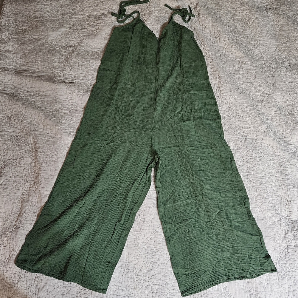 Bobi tie shoulder wide leg jumpsuit gauze green NWT